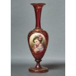 A BOHEMIAN OVERLAY GLASS VASE, C1870, THE OVAL MEDALLION PAINTED WITH THE HEAD OF A YOUNG GIRL IN