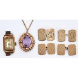MISCELLANEOUS GOLD JEWELLERY, COMPRISING AN AMETHYST AND SPLIT PEARL PENDANT MARKED 9CT, TWO PAIRS