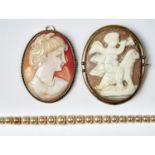 A CULTURED PEARL NECKLACE WITH GOLD CLASP, 41CM L, LARGEST PEARL 7MM AND TWO CAMEO BROOCHES (3)