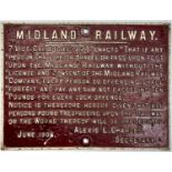 RAILWAYANA. MIDLAND RAILWAY CAST IRON ANTI TRESPASSING NOTICE DATED JUNE 1906, 51 X 67CM Undamaged