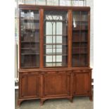 A REPRODUCTION MAHOGANY BREAKFRONT DISPLAY CABINET IN GEORGE III STYLE, C1960, THE CADDY TOP ABOVE A