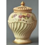A ROYAL WORCESTER WRYTHEN FLUTED OGEE ROSE JAR AND COVER, 1895,  PRINTED AND PAINTED WITH