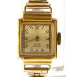 AN ANCRE 18CT GOLD RECTANGULAR LADY'S WRISTWATCH, WIRE LUGS, 16 X 20MM Movement not in working