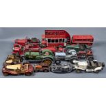 A COLLECTION OF DECORATIVE VINTAGE STYLE PAINTED TINPLATE VEHICLES, TO INCLUDE MORGAN CAR, TRACTORS: