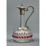 AN EPNS MOUNTED RUBY FLASHED AND CUT GLASS CLARET JUG, C1870, CORK STOPPER, 27CM H Plating worn