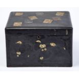 A JAPANESE LACQUER BOXED, MEIJI PERIOD,  OF ROUNDED RECTANGULAR FORM, THE HINGED LID DECORATED