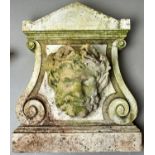 GARDEN ORNAMENT. A STATUARY MARBLE TABLET, EARLY 20TH C, WITH TRIANGULAR PEDIMENT, VOLUTES AND