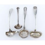 TWO DANISH SILVER SUGAR SIFTERS, 19TH AND 20TH C, ANOTHER CONTINENTAL SILVER SUGAR SIFTER AND A