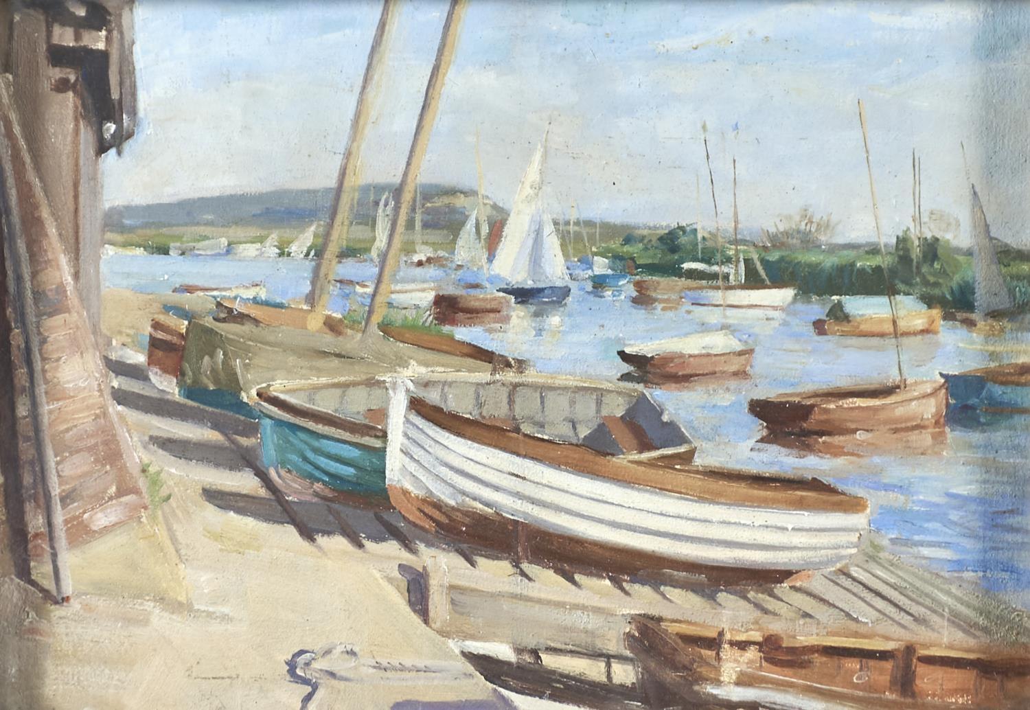 MARJORIE MORT (1906-1989) - NEWLYN FISH MARKET; BOATS IN AN ESTUARY, TWO, BOTH SIGNED, OIL ON BOARD, - Image 2 of 6