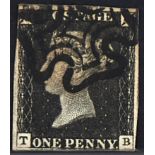 GREAT BRITAIN 1840 1d black, plate 2 TB with black MC cancellation. Leaving corner letters clear.