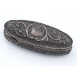 A VICTORIAN DIE STAMPED OVAL SILVER HAIRPIN BOX OF BOMBE FORM WITH CRIMPED RIM, 10CM L, BY