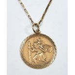 A 9CT GOLD ST CHRISTOPHER PENDANT AND NECKLACE, PENDANT 25MM DIAM, BIRMINGHAM 1988 & 89, 5.3G Good