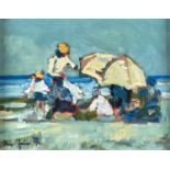 RON FOSTER, 20TH/21ST CENTURY - FIGURES ON A BEACH, SIGNED, OIL ON CANVAS, 21.5 X 28CM Good