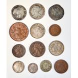 ELIZABETH I SHILLING AND VARIOUS OTHER SILVER AND BASE METAL COINS, INCLUDING INDIA (13)