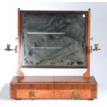 A SATINWOOD, ROSEWOOD,PARTRIDGE WOOD AND LINE INLAID DRESSING MIRROR, 19TH C, WITH BRASS FINIALS AND