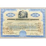 A FRAMED SHARE CERTIFICATE: MISSION DEVELOPMENT COMPANY, 100 SHARES, NUMBER W8590 TO MOW &