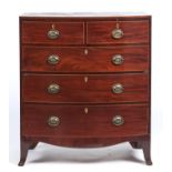 A REGENCY MAHOGANY CHEST OF DRAWERS, C1820, THE TOP WITH DOG TOOTH INLAID BORDER ABOVE TWO SHORT AND