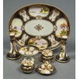 A NORITAKE DRESSING TABLE SET, EARLY 20TH C, PAINTED WITH LANDSCAPES IN RAISED GILT FRAMES
