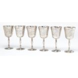 A SET OF SIX ELIZABETH II  SILVER GOBLETS, THE ROUNDED FUNNEL BOWL FOLIATE ENGRAVED AROUND A