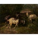 GEORG WOLF (1882-1962) GOATS IN DAPPLED SUNLIGHT, SIGNED, OIL ON CANVAS, 54.5 X 69CM Varnish