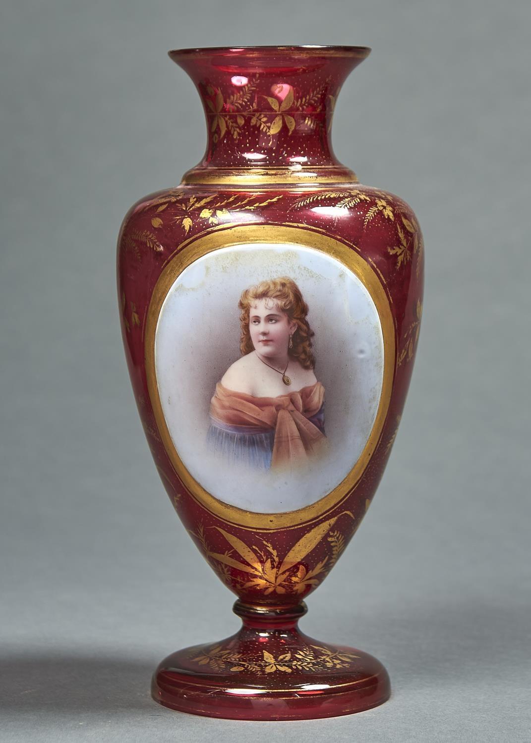 A BOHEMIAN OVERLAY GLASS VASE, C1870, OF SHOULDERED FORM, PAINTED WITH A HALF LENGTH PORTRAIT OF A