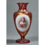 A BOHEMIAN OVERLAY GLASS VASE, C1870, OF SHOULDERED FORM, PAINTED WITH A HALF LENGTH PORTRAIT OF A