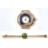 A 9CT GOLD AND ENAMEL LADY'S WRISTWATCH AND A GREEN PASTE SET GOLD BAR BROOCH, MARKED 9CT,