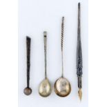 TWO RUSSIAN SILVER OR SILVER GILT AND NIELLO SPOONS, CYRILLIC MAKER'S MARK, MOSCOW AND PROBABLY