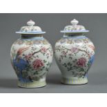 A PAIR OF FRENCH 'FAMILLE ROSE' JARS AND COVERS,  20TH C, IN 18TH C CHINESE STYLE WITH LAVENDER BLUE