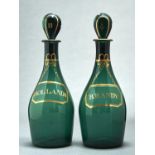 TWO ENGLISH GREEN GLASS CLUB DECANTERS AND STOPPERS, LATE 19TH/20TH C, INSCRIBED IN GILT BRANDY OR