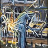 ELEANOR MAYHEW, 20TH/21ST CENTURY - THE WELDER, SIGNED, OIL ON CANVAS, 38 X 38CM Good condition