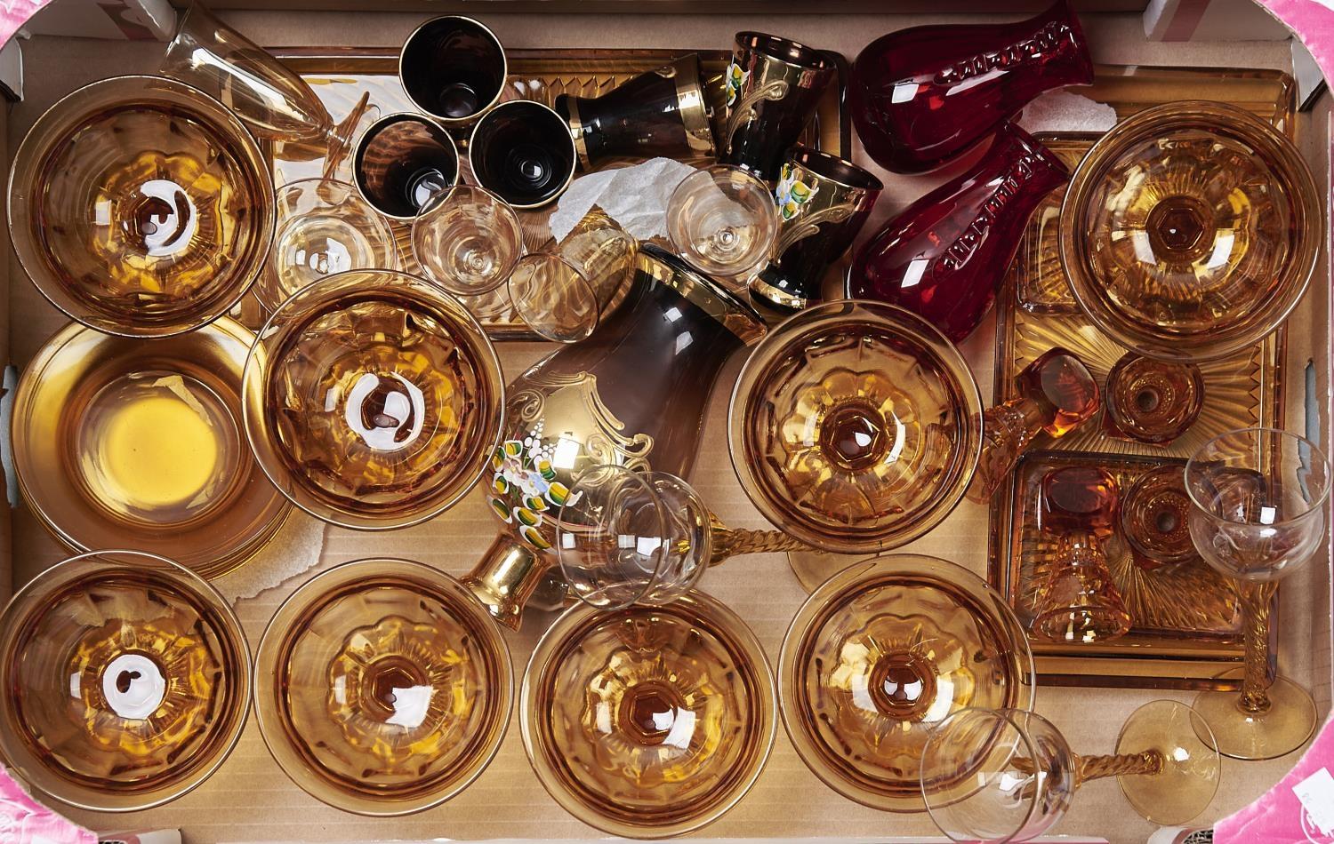 A QUANTITY OF AMBER COLOURED GLASS AND OTHER GLASS, INCLUDING DECANTER AND SET OF SIX LIQUORS,