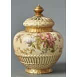 A ROYAL WORCESTER ROSE JAR, COVER AND INNER COVER, 1900, OF BASKET MOULDED GLOBULAR FORM WITH PAGODA