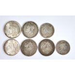 UNITED KINGDOM SILVER COINS, HALFCROWN 1668, 1745, CROWN 1819 (2), 1822, 1887 AND DOUBLE FLORIN 1887