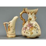 A ROYAL WORCESTER CORAL HANDLED JUG AND TUSK JUG, 1903 AND 1907, PRINTED AND PAINTED WITH
