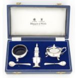 AN ELIZABETH II THREE PIECE SILVER CONDIMENT SET, BLUE GLASS LINERS, PEPPERETTE 80MM H, BY