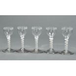 A SET OF FIVE WINE GLASSES, 19TH C, THE FLUTED OGEE BOWL WITH FESTOON ENGRAVED BORDER ON DOUBLE