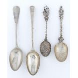 A GEORGE III SILVER TABLE SPOON, CRESTED, MAKER WW, LONDON 1762, TWO DUTCH DECORATIVE SILVER SPOONS,