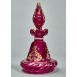 A BOHEMIAN CRANBERRY CASED GLASS SCENT BOTTLE AND STOPPER, MID 19TH C, ENAMELLED AND GILT WITH