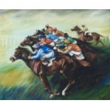 BRITISH SCHOOL, 1973 - HORSE RACING, INDISTINCTLY SIGNED YOUNG AND DATED, OIL ON BOARD, 61 X 74CM