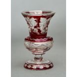 A CUT AND RUBY FLASHED GLASS THISTLE SHAPED VASE, MID 19TH C, THE FLARED BOWL ENGRAVED WITH