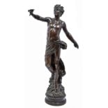 A BRONZED COPPER ELECTROTYPE HALF LIFE SIZED STATUETTE OF A SEMI NAKED YOUTH, 20TH C, HOLDING AN OIL