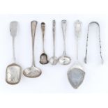 THREE SILVER SALT SPOONS, A PAIR OF SUGAR BOWS, SUGAR SIFTER AND TWO OTHER ITEMS,  GEORGE III- EARLY