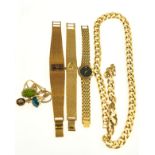 THREE ROTARY AND  OTHER GOLD PLATED LADIES WRIST WATCHES,  A GOLD PLATED CURB NECKLACE & OTHER