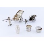 TWO SOUTH EAST ASIAN SILVER RICKSHAW NOVELTY CRUETS AND THREE CONDIMENTS, 20TH C, 19CM L AND