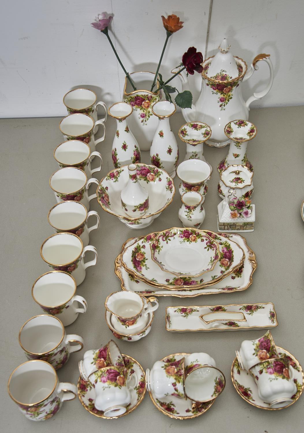 A ROYAL ALBERT OLD COUNTRY ROSES PATTERN CHINA, COMPRISING COFFEE POT, SIX CUPS AND SAUCERS, SUGAR