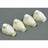 A SET OF FOUR ENGLISH GLAZED WHITE EARTHENWARE MINIATURE SITTING HEN CULINARY MOULDS, 19TH C,