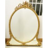 A VICTORIAN OVAL AND GILTWOOD COMPOSITION OVERMANTLE MIRROR, C1870, THE BEVELLED PLATE IN LAUREL AND