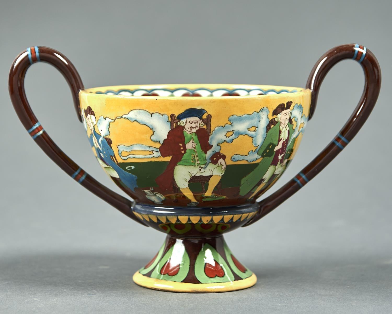 A WILEMAN AND CO FOLEY INTARSIO COUPE, C1900, DECORATED WITH PIPE SMOKERS, 15CM H, PRINTED MARK Good