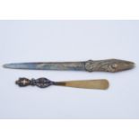 A GILTMETAL AND MICROMOSAIC LETTER KNIFE, LATE 19TH C, 20CM L AND AN ART NOUVEAU EPNS LETTER